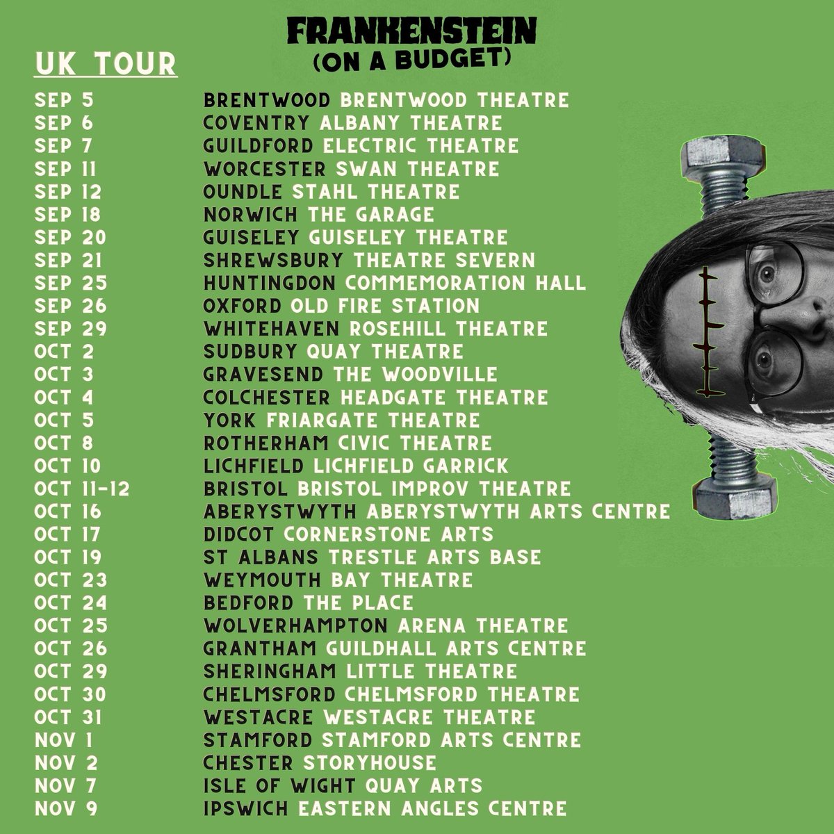 We’ve added more venues to our Frankenstein (On a Budget) tour this autumn! Loads of venues now on sale- go check out our website (link in bio) and book your tickets now #frankenstein #autumntour #theatre #comedy #horror #budget