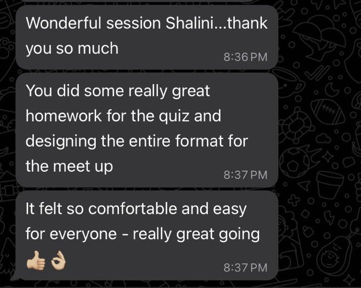 _ShaliniSingh_'s tweet photo. wrapped up a quiz night for our fabulous 40s-50s singles from our whatsapp community. 12 attendees: 5 men, 7 women.
Feedback below is from the quiz night. Join our community via the bio link! #SinglesMeetup #DelhiNCR #andwemet https://t.co/n3mFKdmL9K