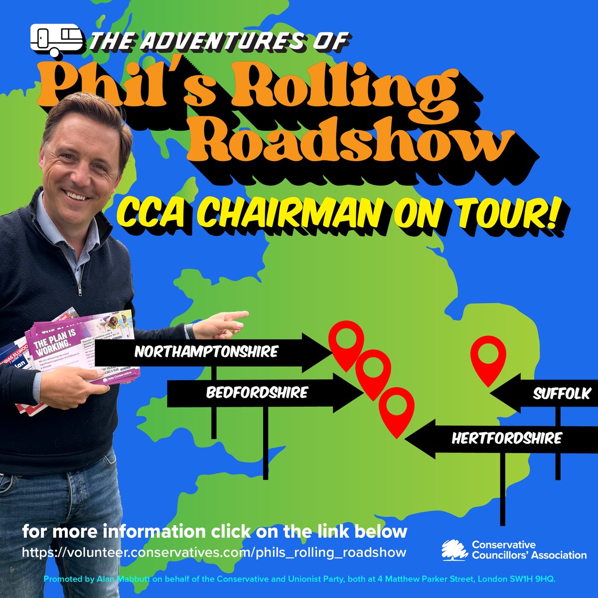 CCA Chairman <a href="/PhilBroadhead/">Phil Broadhead</a> is going on tour in his caravan. The first leg of Phil's Rolling Roadshow will be to the eastern region. Details of where he will be this week and how you can join him can be found here: volunteer.conservatives.com/phils_rolling_…