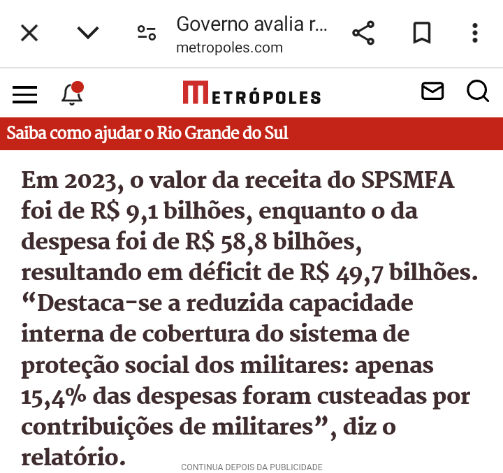 Analise2023's tweet photo. Para se ter ideia, enquanto o regime geral de previdência consegue 65% de financiamento apenas com a contribuição direta de trabalhadores/empresas, a contribuição direta dos militares financia apenas 15% das aposentadorias/pensões, retirando anualmente 50 bi do orçamento público! https://t.co/8vxCwZ2Qg4