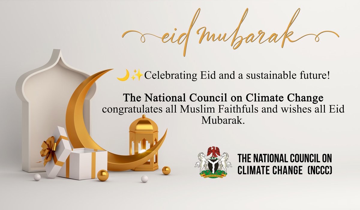 Climategovng's tweet image. As we come together for #Eid, we celebrate the sacrifices, unity, and willingness essential to realizing a sustainable green economy for Nigeria. 
The NCCC congratulates all Muslim Faithfuls and wishes all Eid Mubarak.🇳🇬 🍃

#ClimateAccountabilityTransparency (#CAT)
#NCCC
