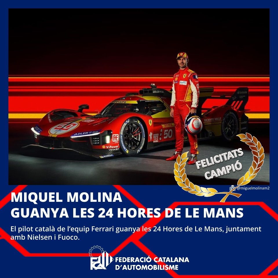 FCAutomobilisme's tweet photo. 📢 MIQUEL MOLINA GUANYA LES 24 HORES DE LE MANS
🏆 El pilot català de l’equip Ferrari guanya les 24 Hores de Le Mans, juntament amb Nielsen i Fuoco
🍾 Felicitat campió
#FCAutomobilisme #motorsport #automobilisme #24hores #lemans #campio #wec #ferrari #scuderiaferrari https://t.co/TyomjtgTgi