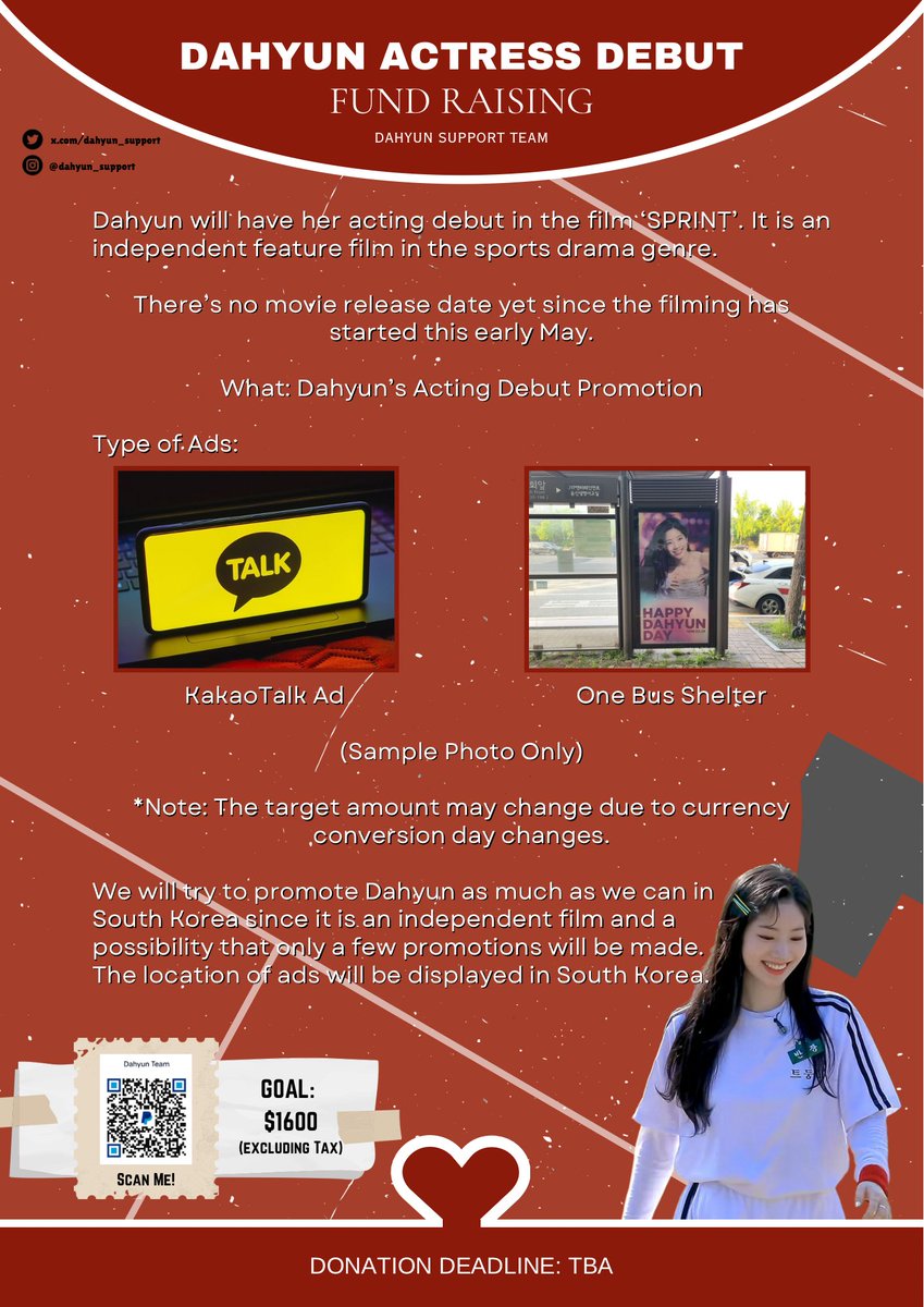 dahyun_support's tweet photo. [FUNDRAISING]

Sprint movie is an independent film, so, this will be used for domestic promotion of Dahyun's debut as an actress. Target of this amount r 2 types of advertisement: KakaoTalk Ad &amp; Bus Shelter Ad
Please see photo below.

ko-fi link:
https://t.co/WOrB4PfDs0

#DAHYUN https://t.co/0WO7ahY7k4