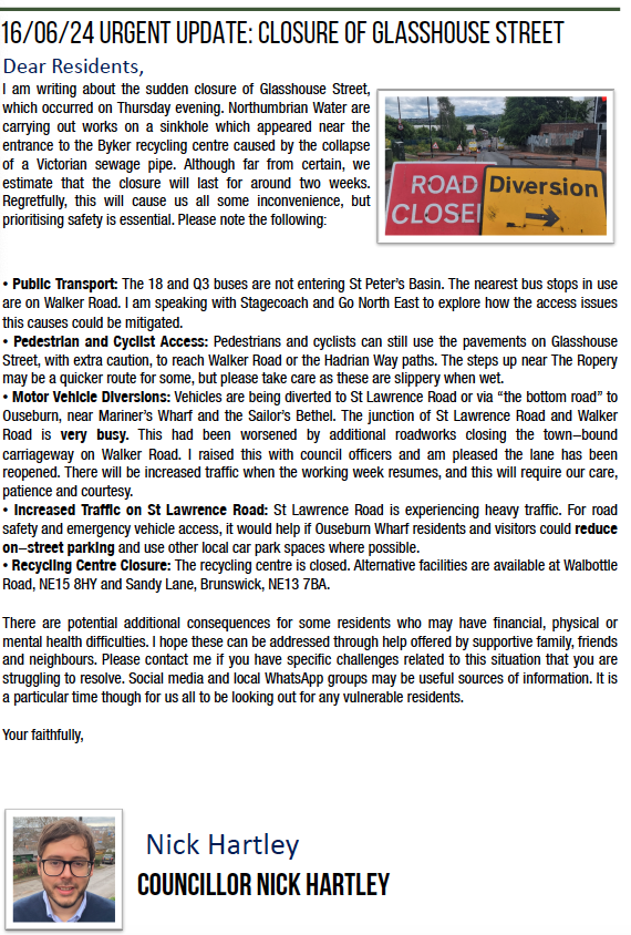 I've just delivered a version of this leaflet to Byker ward residents in St Peter's Basin and St Lawrence.

Please note the Recycling Centre in Byker remains closed and please take extra caution with travel on the diversions.

If you require any further help, please get in touch.