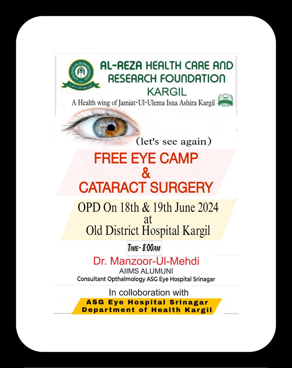 AL-REZA HEALTH CARE & RESEARCH FOUNDATION KARGIL (@alrezahcrf) on Twitter photo Two days Free Eye Camp at Old District Hospital Kargil on 18th & 19th June 2024.
<a href="/JUIAK_Ladakh/">Jamiat ul Ulama Isna Asharia Kargil-Ladakh</a>
<a href="/airnewskargil/">Radio News Kargil</a>
<a href="/LAHDC_Kgl/">LAHDC Kargil</a>
<a href="/NazirMehdi_/">S.Nazir Mehdi Mohammadi</a>
<a href="/dc_Kgl/">Deputy Commissioner/DEO Kargil</a> Two days Free Eye Camp at Old District Hospital Kargil on 18th & 19th June 2024.
<a href="/JUIAK_Ladakh/">Jamiat ul Ulama Isna Asharia Kargil-Ladakh</a>
<a href="/airnewskargil/">Radio News Kargil</a>
<a href="/LAHDC_Kgl/">LAHDC Kargil</a>
<a href="/NazirMehdi_/">S.Nazir Mehdi Mohammadi</a>
<a href="/dc_Kgl/">Deputy Commissioner/DEO Kargil</a>