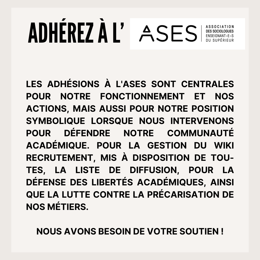 Pour défendre la sociologie, lutter contre la précarisation de l'ESR, réfléchir à nos pratiques professionnelles ou gérer la liste de diffusion et les Wikis, nous avons besoin de vous !
👉Le 29/06, rejoignez-nous en AG
👉Dès aujourd'hui, adhérez à l'ASES
urlr.me/QRqdD