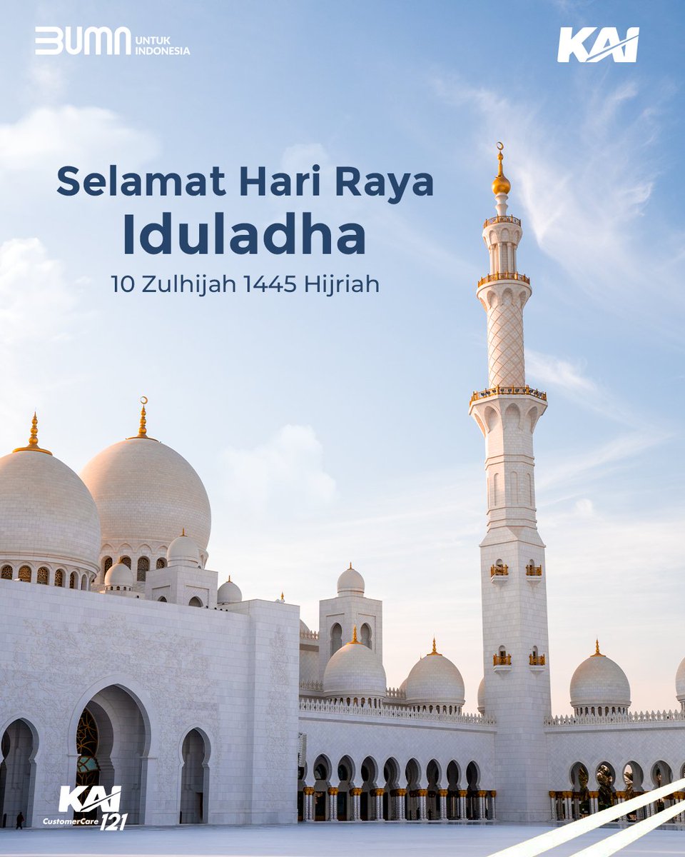 KAI121's tweet photo. Iduladha mengajarkan untuk menghargai nikmat yang telah kita terima. Mari buka hati dan tingkatkan keikhlasan, seperti Nabi Ibrahim a.s.

Semoga Allah Swt. memberkati kita semua dalam damai, sejahtera, kemakmuran, dan kebahagiaan, di hari yang penuh berkah ini.

Selamat Iduladha
10 Zulhijah 1445 Hijriah

#KAI121 
#SelamatIduladha 
#AyoNaikKereta 
#KeretaApi