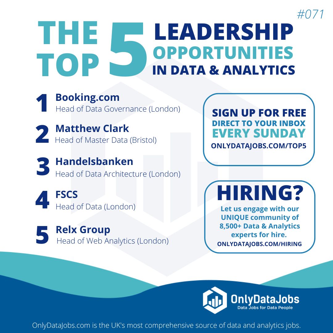 Welcome to Edition #71 of "The Top 5 Leadership Opportunities in Data and Analytics"!

Sign up for Free: buff.ly/42njrYm!

#Onlydatajobs #datajobs #headofdata #analyticsjobs #dataleadership #chiefdataofficer