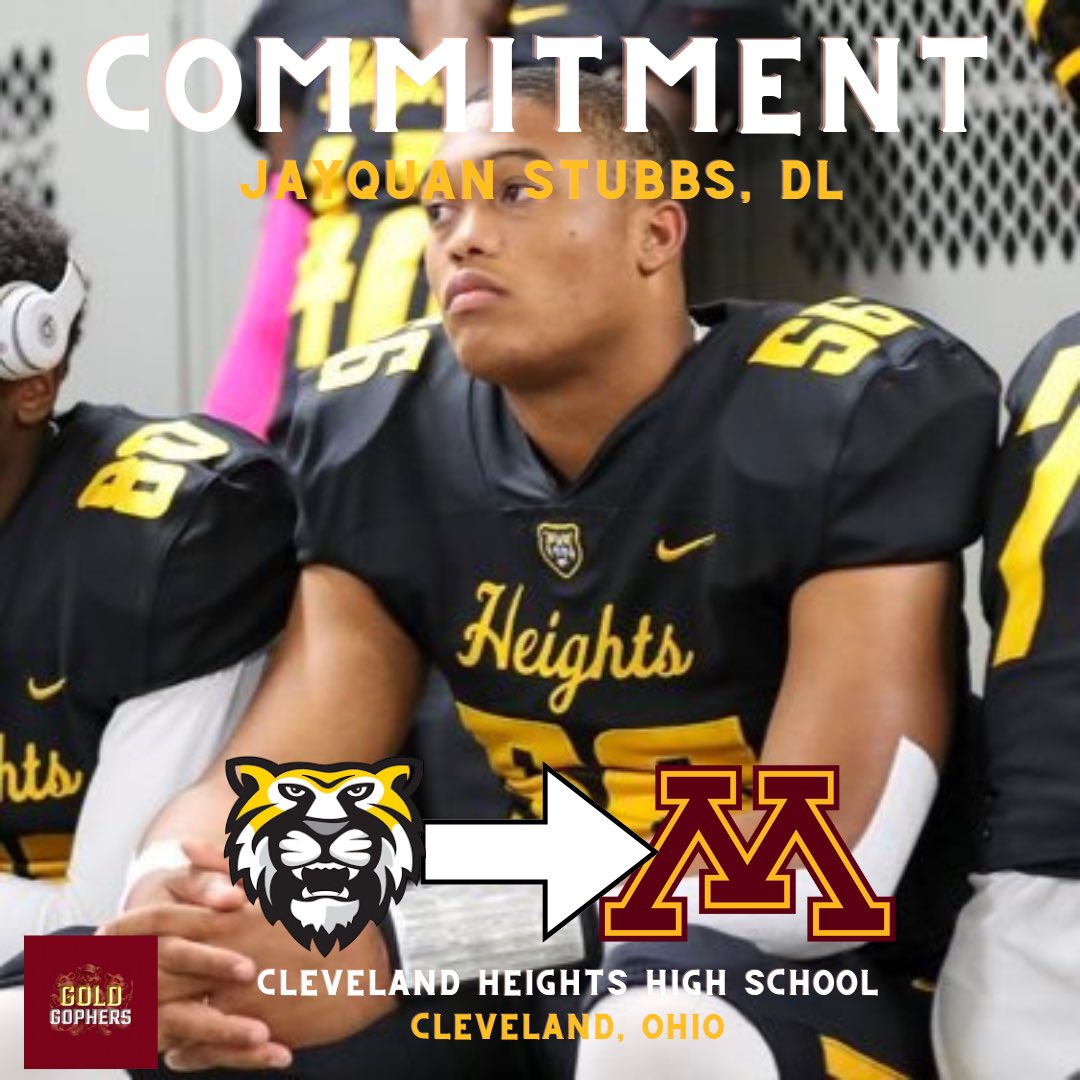 COMMITMENT: 2025 (Cleveland, Ohio) DL Jayquan Stubbs (<a href="/StubbsJayquan/">Jayquan Stubbs</a>) has committed to the #Gophers.

Listed at 6-foot-6, 250 pounds, he holds other top offers from Wisconsin, Illinois and Kentucky. Now UMN’s fifth-highest-ranked commit (574). si.com/college/minnes…