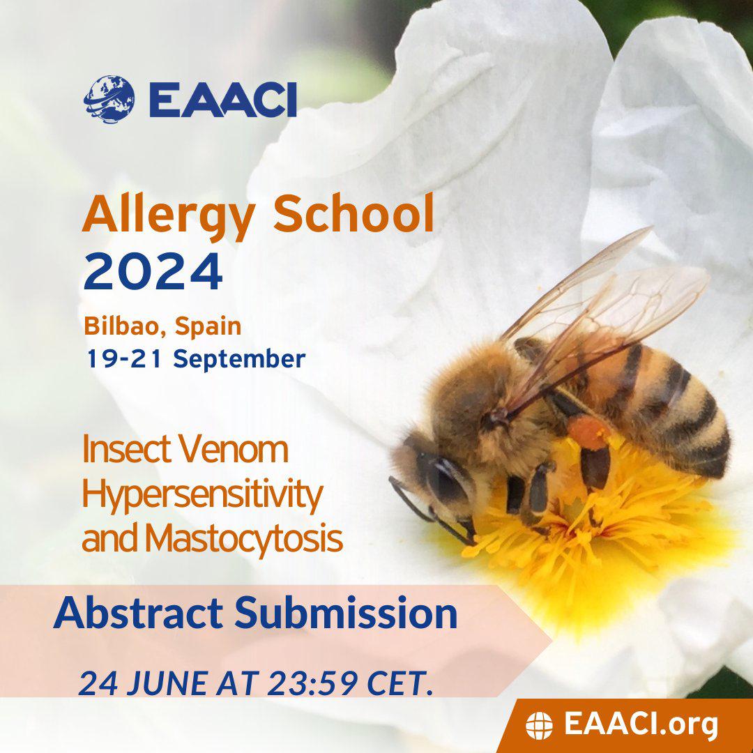 EAACI_JM's tweet photo. 🚨 Abstract Submission Deadline Extension! 🚨 
Now due 24 June at 23:59 CET 🗓✨
Join us at the #EAACIAS24 on Insect Venom Hypersensitivity and Mastocytosis📍Bilbao, Spain, 19-21 September 2024. Register now! 🔗https://t.co/9ewkowtUkl
🐝📚 #InsectVenom #Mastocytosis #Science https://t.co/qBTEbbqpLC