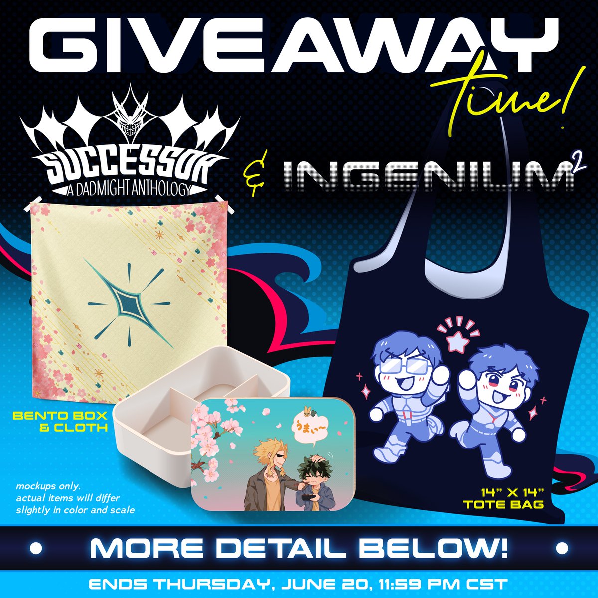Successor X INGENIUM²
✨COLLAB GIVEAWAY✨

All Might &amp; Izuku have invited Tenya &amp; Tensei along for a Father's Day picnic! We're raffling a FREE BENTO BUNDLE and an IDATEN TOTE—winner gets both!

More details below! ⬇️ (1/5)