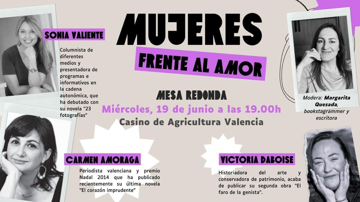 ✍🏻 MUJERES FRENTE AL AMOR ✍🏻
Una mesa redonda moderada por Margarita Quesada, dir del club de lectura del Casino de Agricultura de Valencia. Tendré el placer de debatir con Carmen Amoraga y Victoria Daboise.
Habrá firma posterior. 
¡Hasta el miércoles! ❤️
#veintitrésfotografías