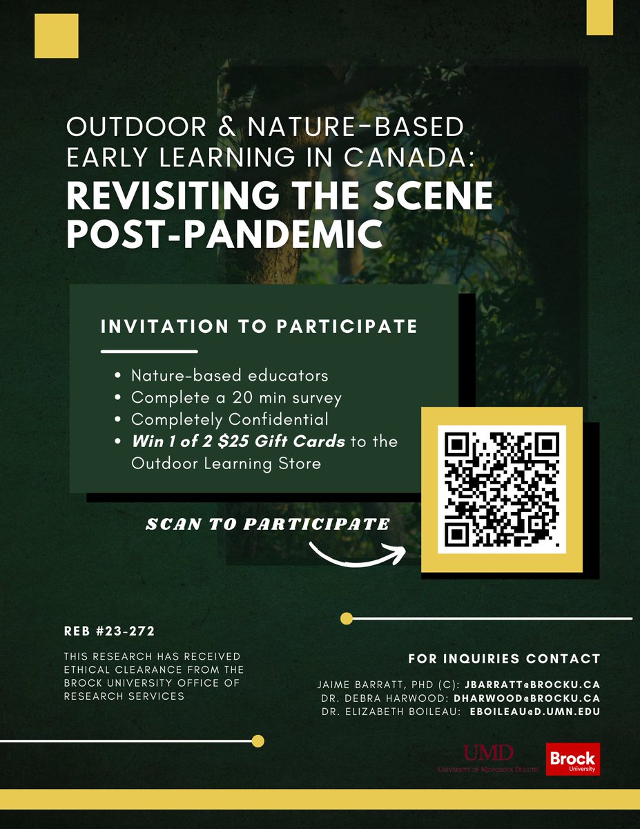 Your invited to participate! Share your insight on Outdoor Learning in Canada. 🌱🎒

For more information regarding the survery visit: brock.ca1.qualtrics.com/jfe/form/SV_6F…