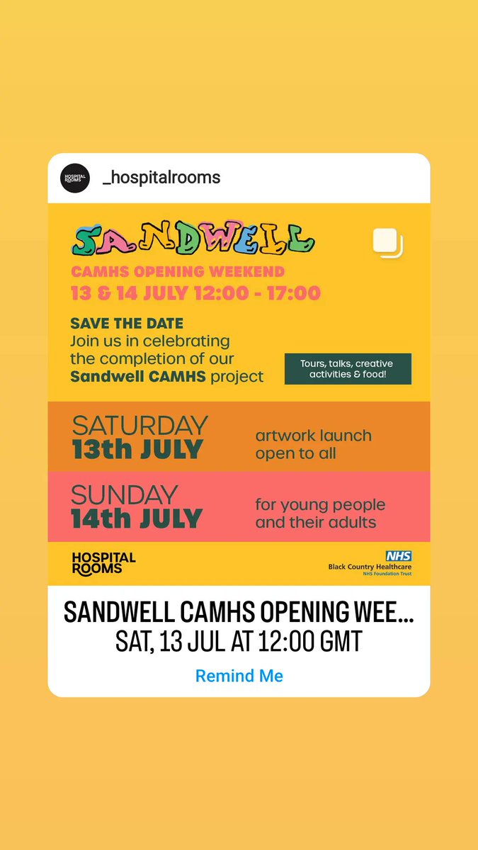 CAMHS_BCHFT's tweet photo. Have you heard?

On the 13th and 14th July, Sandwell CAMHS and Hospital Rooms are holding an open weekend!

Come and take a tour of the new Hospital Rooms art work, created with young people from Sandwell.

#community #openweekend #Sandwell #celebration https://t.co/HNQQNFAzyb