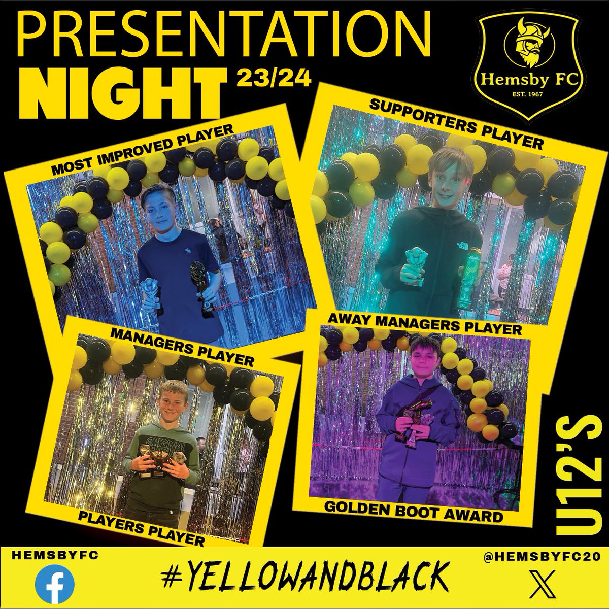 💛🖤U12'S PRESENTATION🖤💛
Congratulations to these players from our U12's team for winning awards at yesterdays presentation. Hope you're all as proud of yourselves as we are. WELL DONE everyone.
#HemsbyFC #PresentationAwards #Season2324
