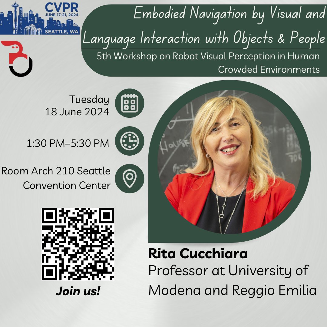 JRDB_Benchmark's tweet image. 🌟 We're thrilled to welcome Rita Cucchiara as a speaker at the 5th Workshop on Robot Visual Perception in Human Crowded Environments at #CVPR2024! Join her session "Embodied Navigation by Visual and Language Interaction with Objects and People" at 3:45 PM PST!#AI #Robotics @CVPR