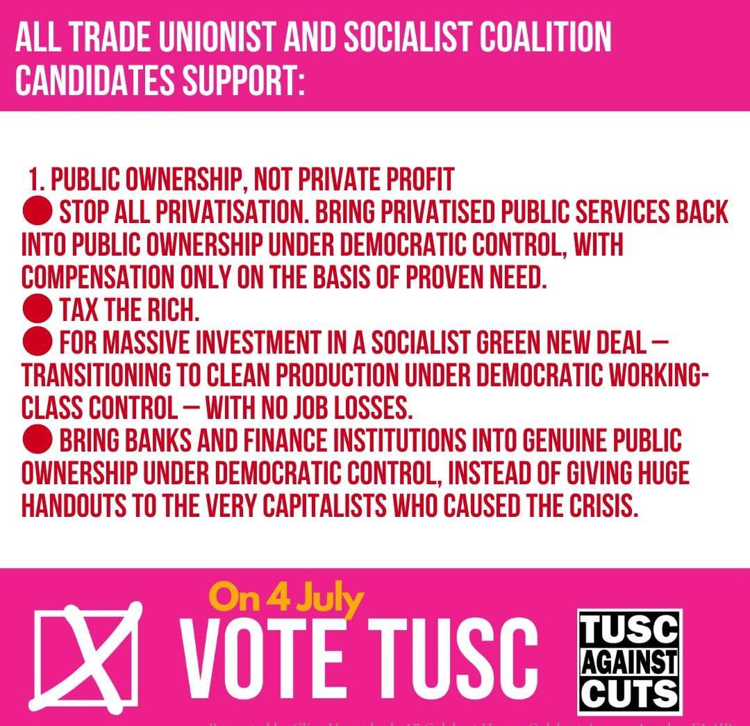 All Trade Unionist and Socialist Coalition candidates support public ownership, not private profit.

On 4 July, if a TUSC candidate is standing in your area, #VoteTUSC