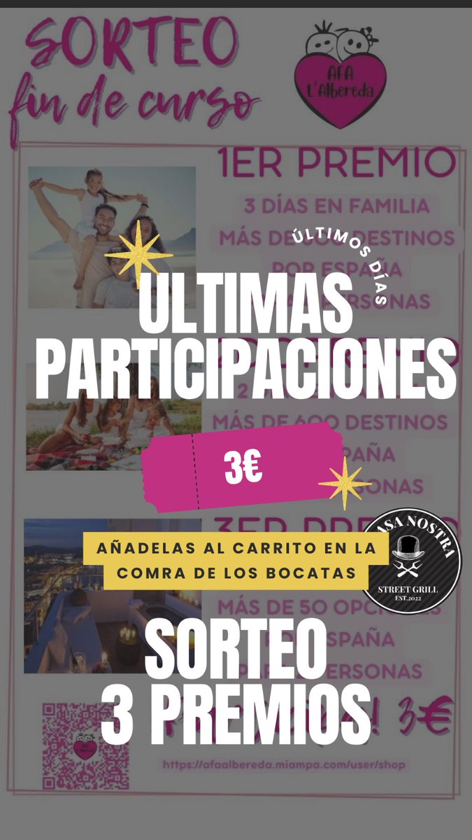 afaceipalbereda's tweet photo. Quedan pocos días para cerrar la venta de participaciones para el sorteo
Puedes comprar ya mismo desde el apartado TIENDA
O aprovecha y mete todas las participaciones que quieras cuando compres tu bocata para la fiesta.
El Jueves se cierra la venta!
No te quedes sin participar. https://t.co/pThHvgnFdf