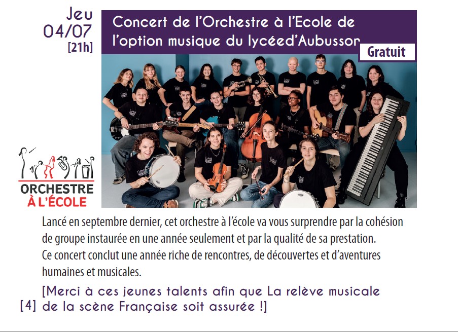 Jeudi 4 Juillet : les lycéens de l'<a href="/Orchestreecole/">Orchestre à l'École</a> du lycée d'Aubusson seront en concert à La Naute 😍. <a href="/Dsden23/">DSDEN de la Creuse</a> <a href="/aclimoges/">Académie de Limoges</a> <a href="/NvelleAquitaine/">Nouvelle-Aquitaine</a> <a href="/DurandC42166305/">Christophe Durand</a> <a href="/SoniaBonnet10/">Sebsocais</a> <a href="/damiensbenoit/">Benoît DAMIENS</a> <a href="/CultureJamot/">CultureJamot</a> <a href="/pass_Culture/">pass Culture</a>