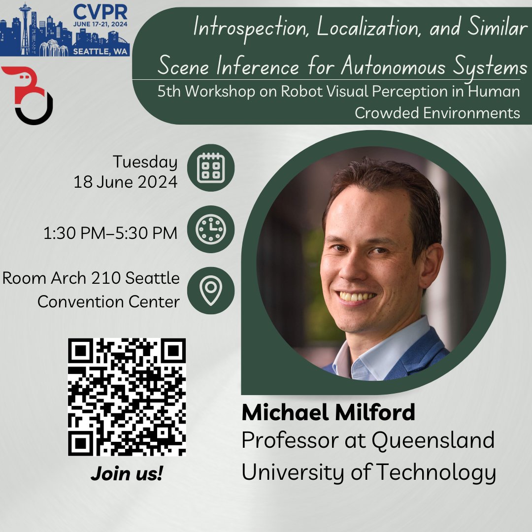 JRDB_Benchmark's tweet image. 🚀 Excited to have Michael Milford at the 5th Workshop on Robot Visual Perception in Human Crowded Environments at #CVPR2024! Join us for his talk on "Introspection, Localization, and Similar Scene Inference for Autonomous Systems" at 4:45 PM PST on June 18th. #AI #Robotics @CVPR