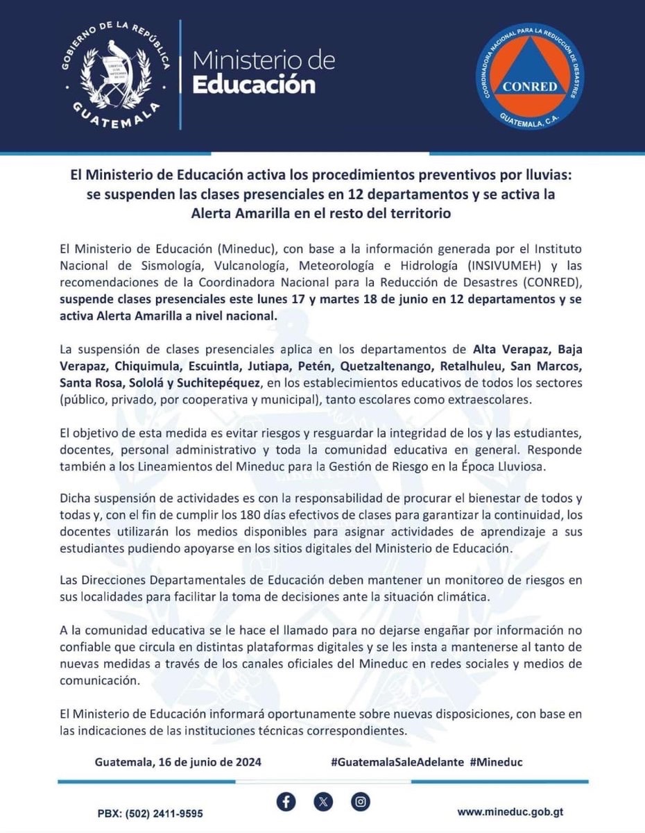 Como medida preventiva ante las lluvias que se registran, el Ministerio de Educación suspende clases presenciales en 12 departamentos del país.

<a href="/chatagira/">Anabella Giracca</a>