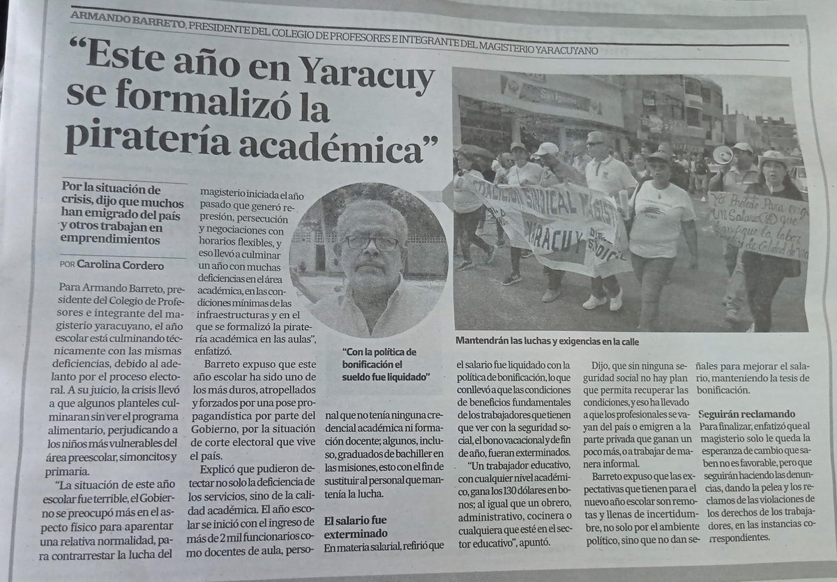 EducadoresMESR's tweet photo. Declaración de Prensa📷🎤/ Estado Yaracuy/ 
Prof. @ARMANDO7304938 presidente del SINPRODO-CPV y miembro del Movimiento de @EducadoresMESR

La desaparición del salario ha conllevado a la desprofesionalización de la carrera docente. 

"En el estado Yaracuy se formalizó la piratería académica."
Por otro lado, el prof. Barreto denuncia que "el año escolar está culminando técnicamente con las mismas deficiencias, debido al adelanto del proceso electoral. La crisis llevó a que algunos planteles culminaran sin el programa alimientario, perjudicando a los niños más vulnerados del área de Preescolar, Simoncitos y Primaria."
#SalarioDignoVzla
#SalvemosLaEducacion
#EducadoresMESR
