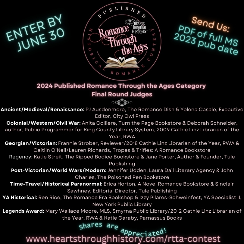 HHRW's tweet image. Published authors, we have our final round judges! You’ve two weeks left to enter. heartsthroughhistory.com/rtta-contest

#romancecontest #authorcommunity #historicalromance #romancecontest2024 #romanceauthor #PublishedAuthorcontest #romancewriter #writingcommunity #romancecommunity
