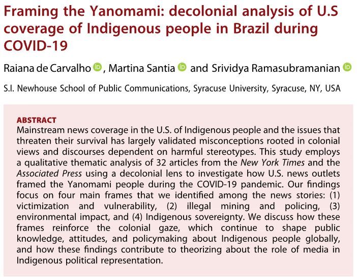 Ethnic and Racial Studies (@ersjournal) on Twitter photo #ERSNew🐣
The paper by @Rai_deCarvalho, <a href="/Martina_Santia/">Martina Santia</a>, and @DrSrivi adopts a critical approach to examine how US news outlets framed the #PublicHealth emergency among the #Yanomami People in #Brazil during the #Pandemic. #ERSNew🐣
The paper by @Rai_deCarvalho, <a href="/Martina_Santia/">Martina Santia</a>, and @DrSrivi adopts a critical approach to examine how US news outlets framed the #PublicHealth emergency among the #Yanomami People in #Brazil during the #Pandemic.
