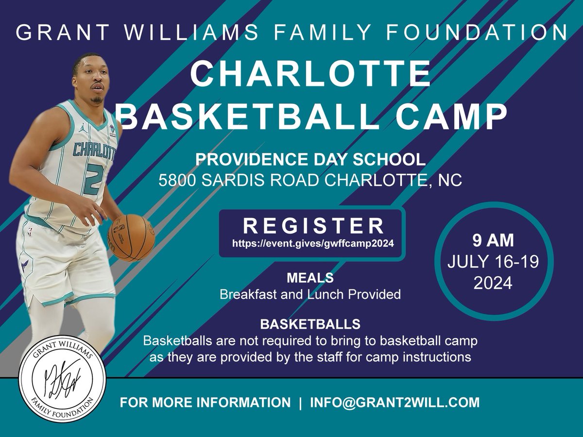 Langston Wertz Jr. (@langstonwertzjr) on Twitter photo Former Providence Day star Grant Williams (<a href="/Grant2Will/">Grant Williams</a>), now a Charlotte Hornets forward, is hosting his annual basketball camp at his alma mater next month.
Register: event.gives/gwffcamp2024 Former Providence Day star Grant Williams (<a href="/Grant2Will/">Grant Williams</a>), now a Charlotte Hornets forward, is hosting his annual basketball camp at his alma mater next month.
Register: event.gives/gwffcamp2024