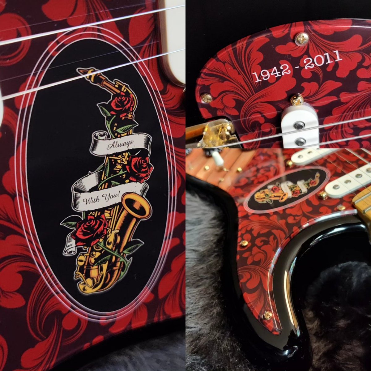 I made this <a href="/Fender/">Fender</a> pickguard for my bro <a href="/JarodAClemons/">Jarod Clemons</a>! It's a tribute to his Dad <a href="/clarenceclemons/">Clarence Clemons</a>! On the volume knob I hand painted <a href="/Danny_Clinch/">Danny Clinch</a> photo of <a href="/springsteen/">Bruce Springsteen</a> &amp; CC! I love making pickguards for E Street family like <a href="/StevieVanZandt/">🇺🇸🕉🇺🇦🟦Stevie Van Zandt☮️💙</a> as well! #art