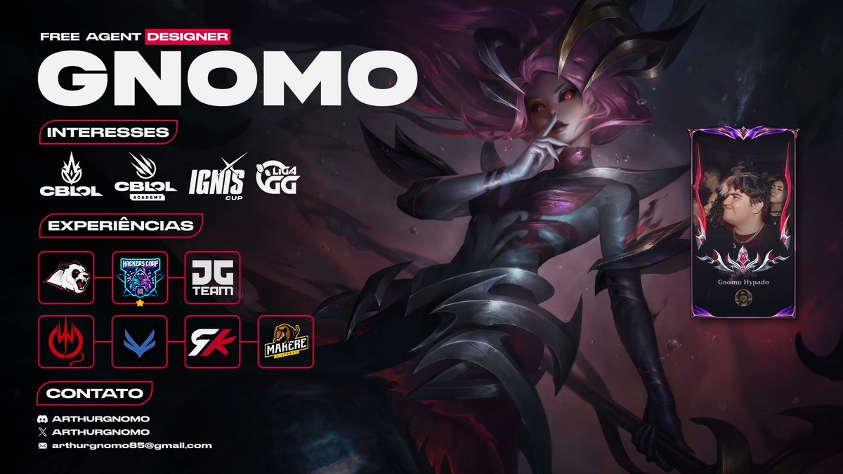 arthurgnomo's tweet photo. Designer Free Agent para freelas👀
@vagas_esports @FAgencyTracker 

Venho atuando no cenário amador de Lolzinho a um bom tempo, carga como: Jogador, Staff, Designer, Social Media, Assistant Coach, Manager e CEO. 
https://t.co/W66Og8mHur

DM open! https://t.co/Qm8jBoQbcT