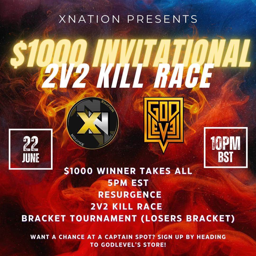 OfficialXnatioN's tweet photo. Calling ALL Warzone Players!! ITS TOURNAMENT TIME.......... Get Signed up....  

📷| 22nd June 
📷| 2v2 Kill race Bracket Tournament (losers bracket) 
📷| Resurgence 
https://t.co/tzERb0XRsa @GODLEVEL_STORE 

#SponsoredByGodLevel #Callofduty #Tournament #Gaming #2v2 #Discord https://t.co/NR1WlZNgrF