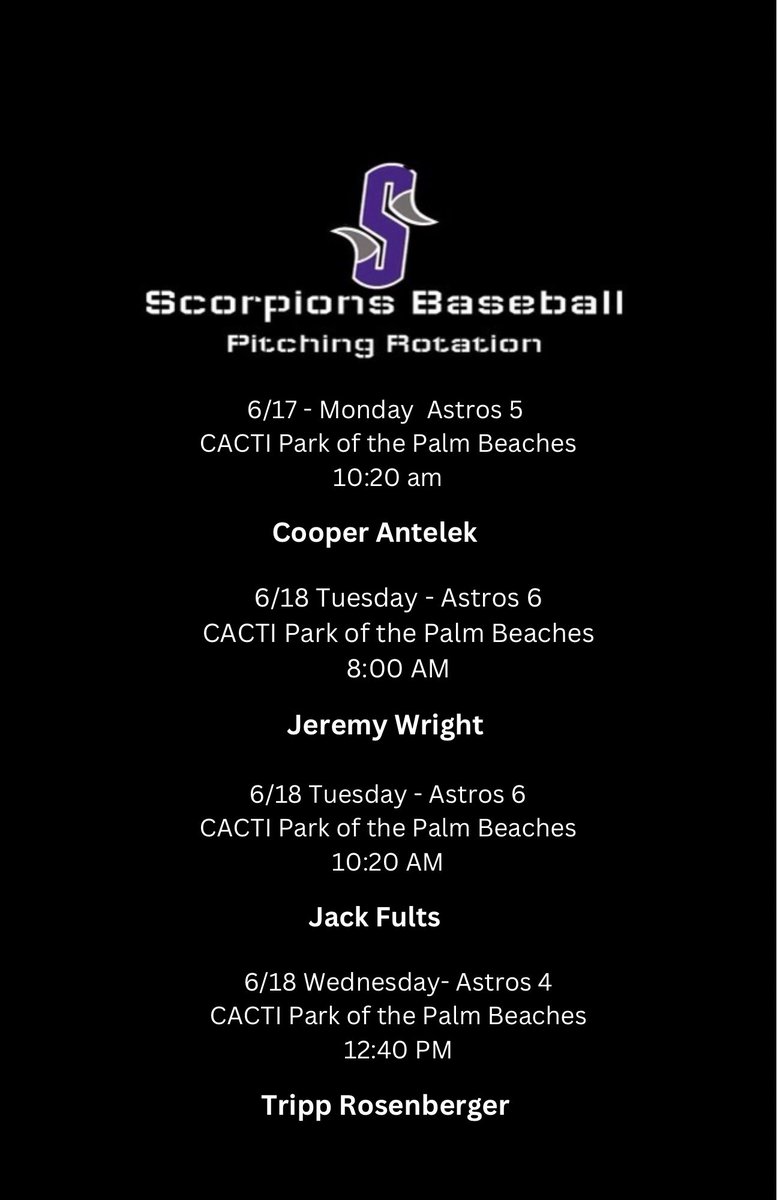 2026 <a href="/OrlandoScorps/">Scorpions Baseball</a> Scout Team 
pitching Rotation 

UBC East 16U <a href="/Florida_PG/">Perfect Game Florida</a>