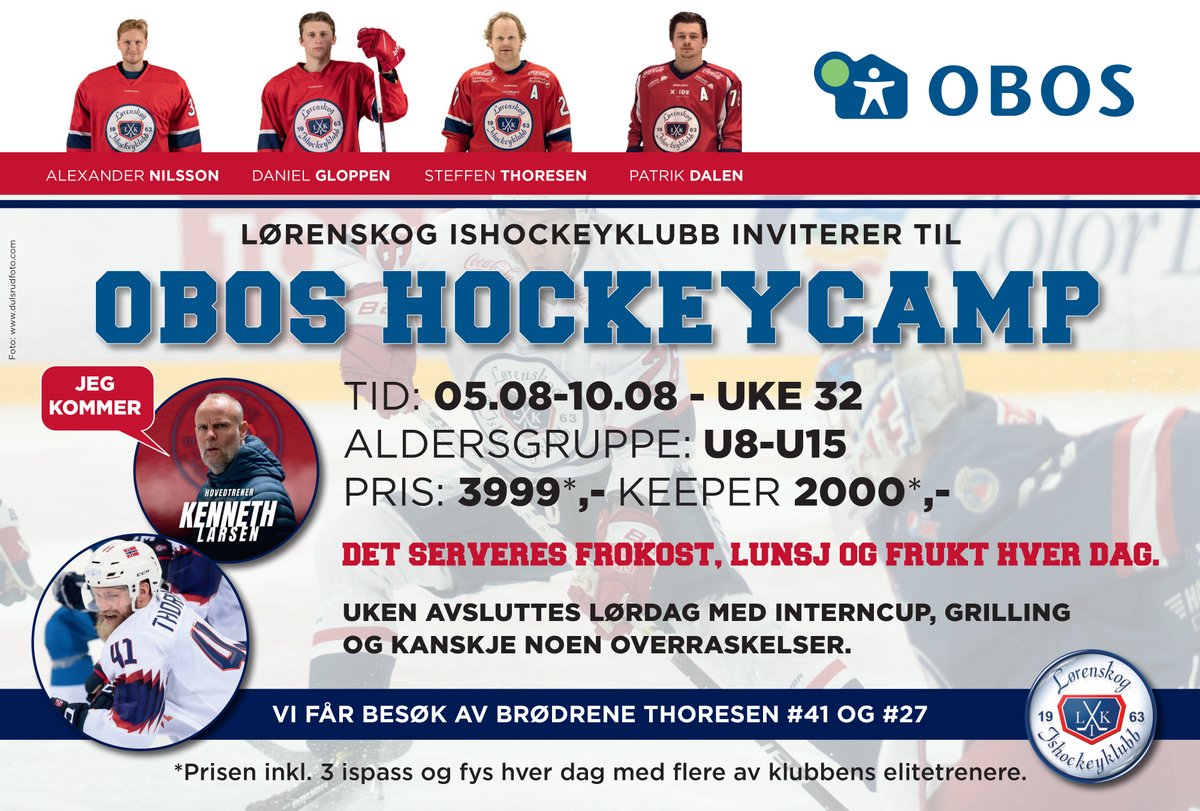❗️5. august til 10. august inviterer vi til OBOS Hockeycamp❗️

Både Patrick Thoresen, Steffen Thoresen og hovedtrener for A-laget Kenneth Larsen kommer på besøk😍

Flere spillere fra A-laget kommer også innom, 3 ispass og fys sammen med våre elitetrenere er inkludert i prisen.