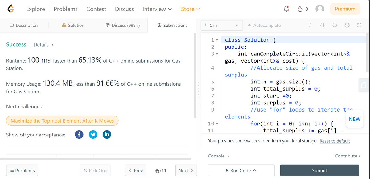 himanshu502061's tweet image. 🚀 Day 37 of #100DaysOfCode: Solved the Gas Station problem! ⛽🔧 Enhanced my skills in greedy algorithms and optimization. Excited to keep progressing! #CodingJourney #GreedyAlgorithms #ProblemSolving #Programming #Consistency #HardWork