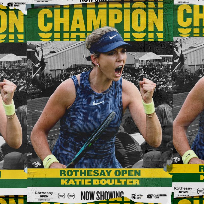 Champions graphic for Katie Boulter winning the Rothesay Open Nottingham again, defeating Karolina Pliskova 4-6, 6-3, 6-2