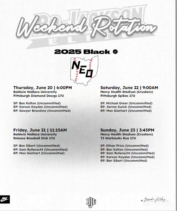 Bo Jackson Elite 2025 (Black) (@bje2025black) on Twitter photo Rotation and Schedule for this weeks <a href="/neoselectinvite/">NEO Select Invite</a> π Excited for the challenge! Rotation and Schedule for this weeks <a href="/neoselectinvite/">NEO Select Invite</a> π Excited for the challenge!