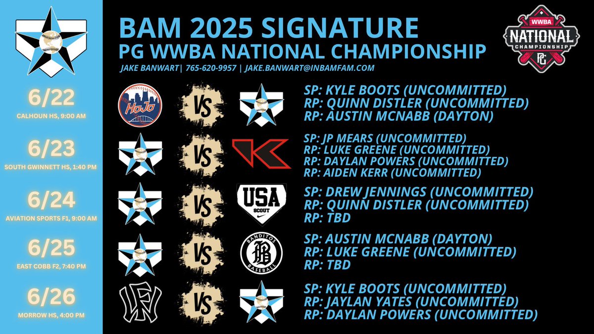 BAM 2025 Signature (@bamsignature25) on Twitter photo IND ✈️ ATL
We head to Cobb County for the PG WWBA next week‼️
Pitching plan and game information included. Looking forward to competing against some great teams and showcasing the talent on our squad!
<a href="/IN_BAMFAM/">Baseball/Fastpitch Academics Midwest</a> IND ✈️ ATL
We head to Cobb County for the PG WWBA next week‼️
Pitching plan and game information included. Looking forward to competing against some great teams and showcasing the talent on our squad!
<a href="/IN_BAMFAM/">Baseball/Fastpitch Academics Midwest</a>