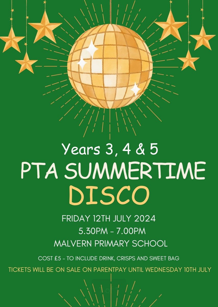 Children get your party outfits ready for our end of year <a href="/malvernprimary/">Malvern Primary School</a> PTA Summertime Disco on Friday 12th July!

Tickets are now available to buy on ParentPay. 

More information can be found on tonights school newsletter.  🕺💃🪩