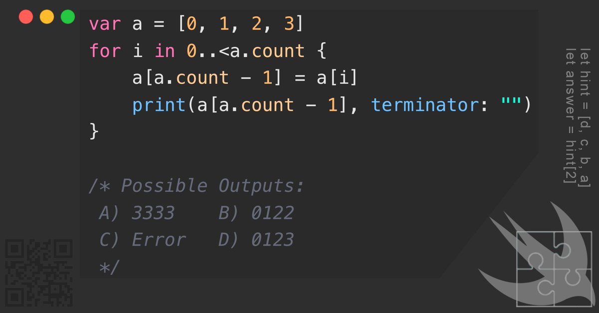 GregCoolShade's tweet image. โ
โ
โโโ Challenge your understanding of arrays in Swift! Can you find the output? #Swift #CodingPuzzle #ProgrammingChallenge