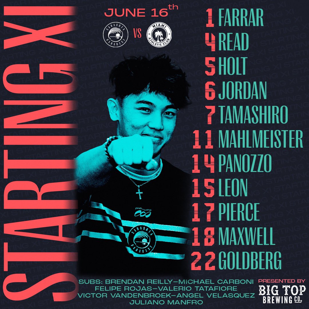 Tonight’s Starting XI 👊🏻

🆚 Miami AC
⚽️ Kickoff at 7:30
📍Sarasota, FL
🏟️ Charlie Cleland Stadium at Ihrig Field (Sarasota High)
📺 Diamond Point Sports YouTube