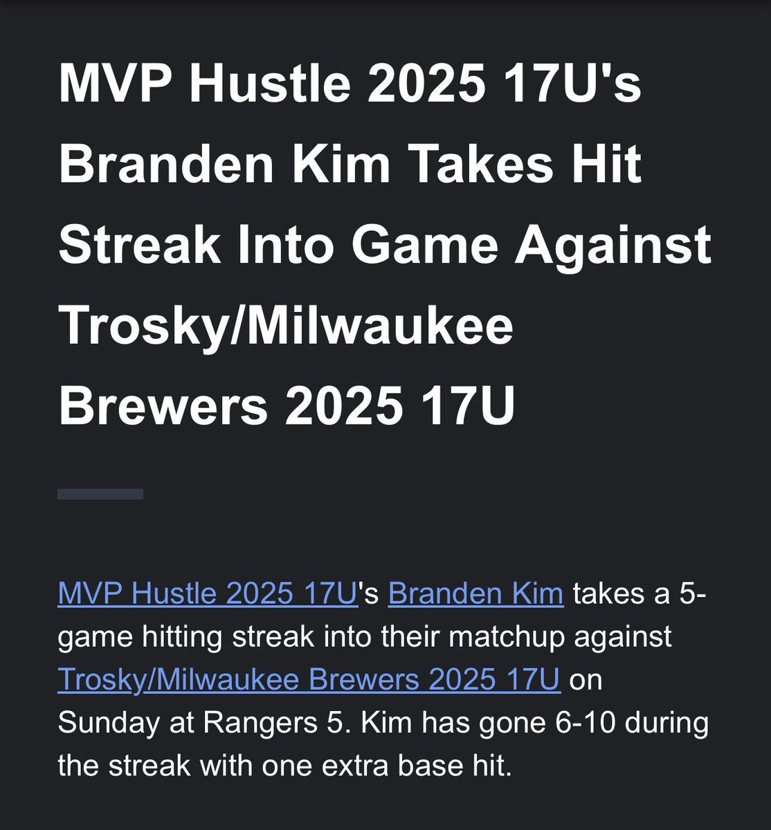 brandenkim13's tweet photo. Had an awesome time competing at my first JO’s this week with @MVPhustle. Team finished top 8 against some solid clubs. 

Finished 7-13 2B 5rbis BB
 (6game hit streak)

Thanks again for having me out! 
@JasonRod31605 @bigleagueswings 
@USABChamps_AZ 17’s https://t.co/rSxE0oiF41