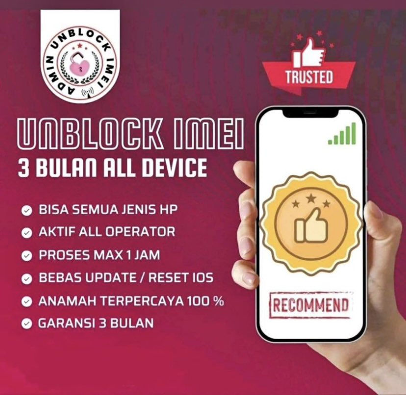 OPEN JASA UNBLOCK IMEI 🛜

💫 3BULAN 250✔️
💫 PERMANEN KEMENPERIN 850 ✔️
💫 PERMANEN BEA CUKAI 1,150,000✔️

AND BERGARANSI AND TRUSTED✅ 
WA: wa.me/6282171849298
#jastipimei #zonauang #Zonajajan #ZonaBA #zonaimei