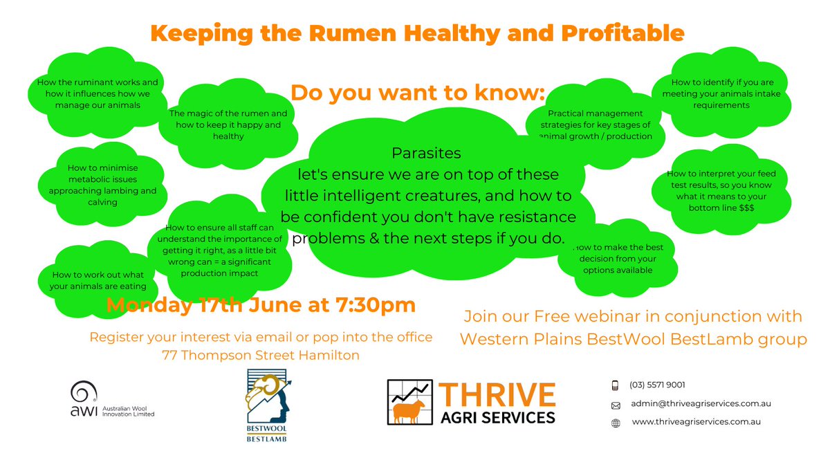 Thrive Agri Services (@thrive_agri) on Twitter photo It's Tonight
To book your place and receive the link, register your details with Thrive Agri Services 03 5571 9001 or admin@thriveagriservices.com.au #thriveagriservices It's Tonight
To book your place and receive the link, register your details with Thrive Agri Services 03 5571 9001 or admin@thriveagriservices.com.au #thriveagriservices