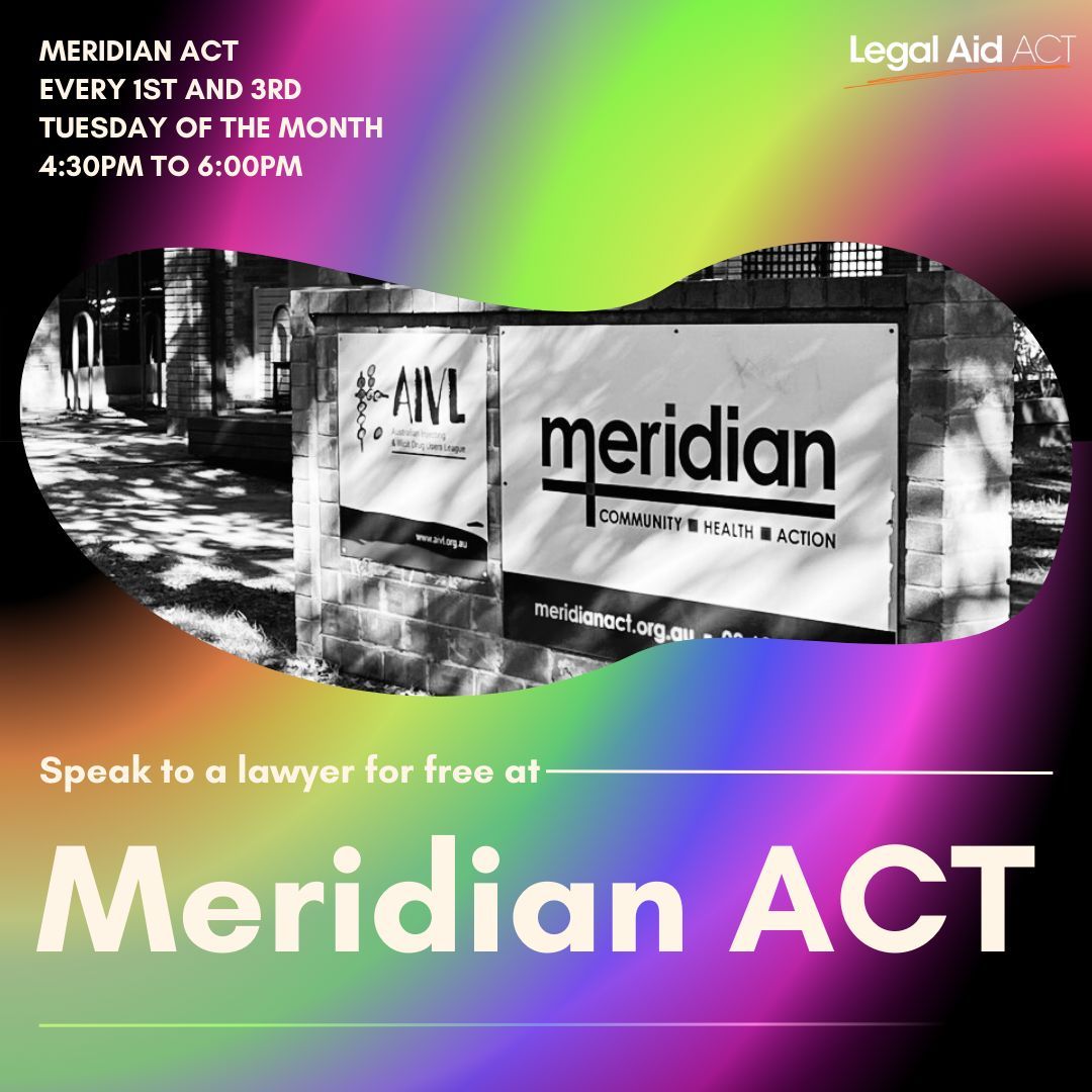 YLCACT's tweet image. Do you need free and confidential legal advice from lawyers who understand the needs of LGBTQIA+ people?Come along to @Legalaidact 's session at @Meridian ACT tomorrow, June 18. Legal Aid ACT run regular sessions at Meridian ACT on the first and third Tuesdays of every month.