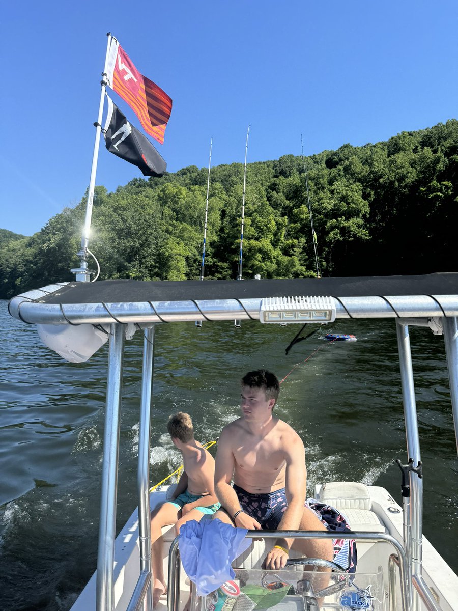 Father’s Day weekend in Blacksburg. We went to Claytor Lake on Saturday and now having drinks at 🦈 in these <a href="/SonsofSatVT/">Sons of Saturday Podcast</a> glasses. Big time.
