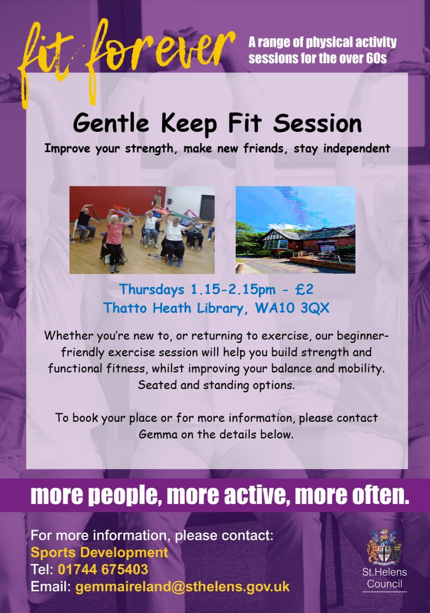 Looking for ways to #MoveMore ? Have a look at our upcoming Fit Forever sessions at Peter Street Community Centre, <a href="/ParkFarmACYP/">Park Farm Community Centre</a> , <a href="/ParrSports/">Parr Sports & Community Centre</a> &amp; @STHLibraries ⬇️