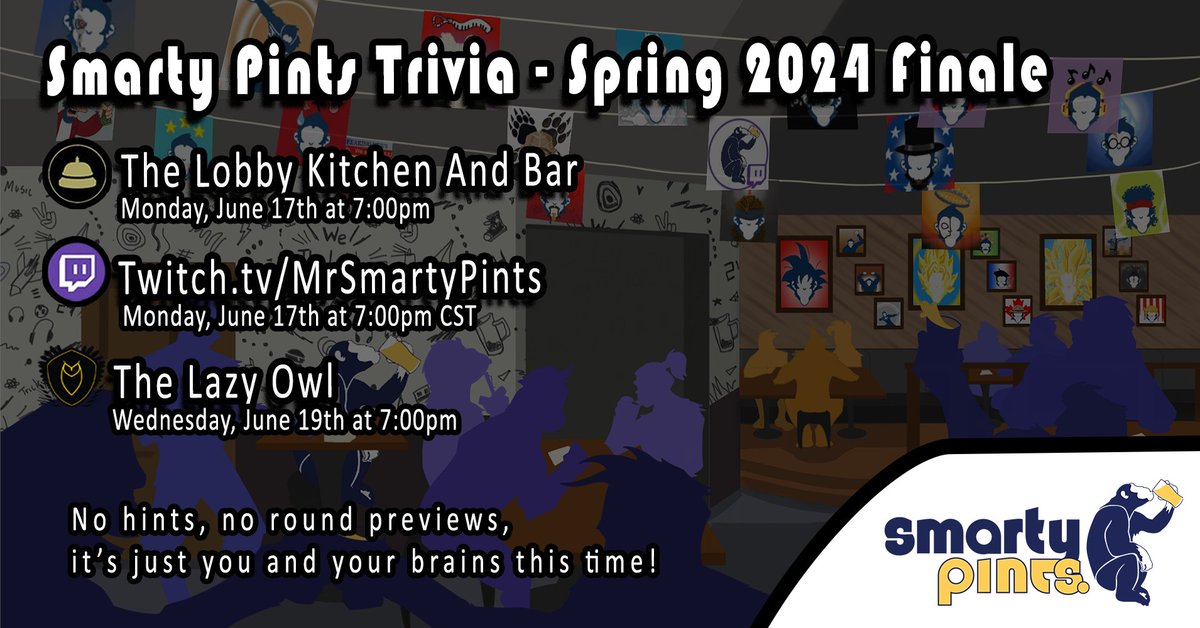 MrSmartyPints's tweet image. Don't miss our season finale at @thelobbykb or @lazyowlyqr this week, I don't have any round previews for you as I like to keep our final rounds a secret, but I assure you it's going to be a fun one!

Can't make it? Feel free to join us on Twitch: twitch.tv/MrSmartyPints