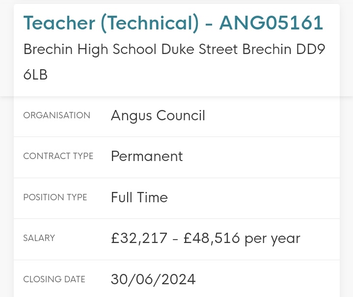 Technical Teacher vacancy at Brechin High School.

myjobscotland.gov.uk/councils/angus…