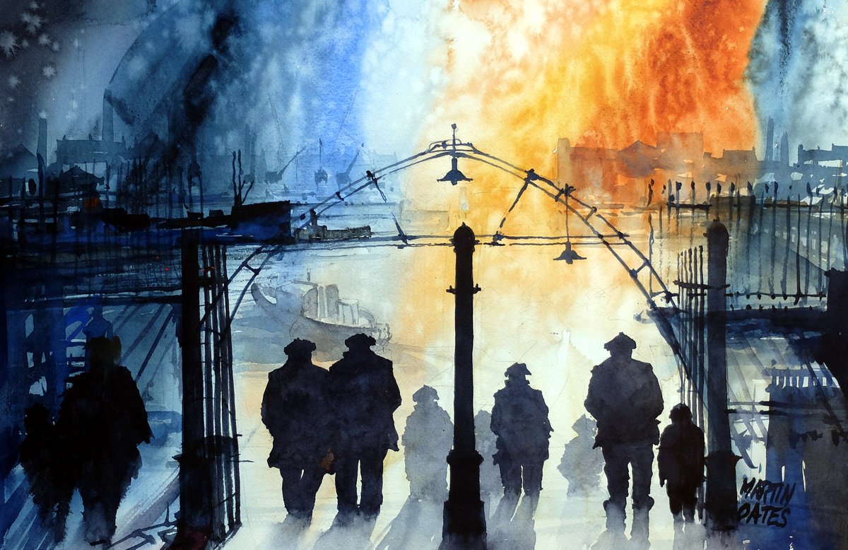 Red sky at Yorkhill on the river Clyde Glasgow. Workers waiting on one of the little ferries that crossed the river in days past. Watercolour 54x35cms. Available.